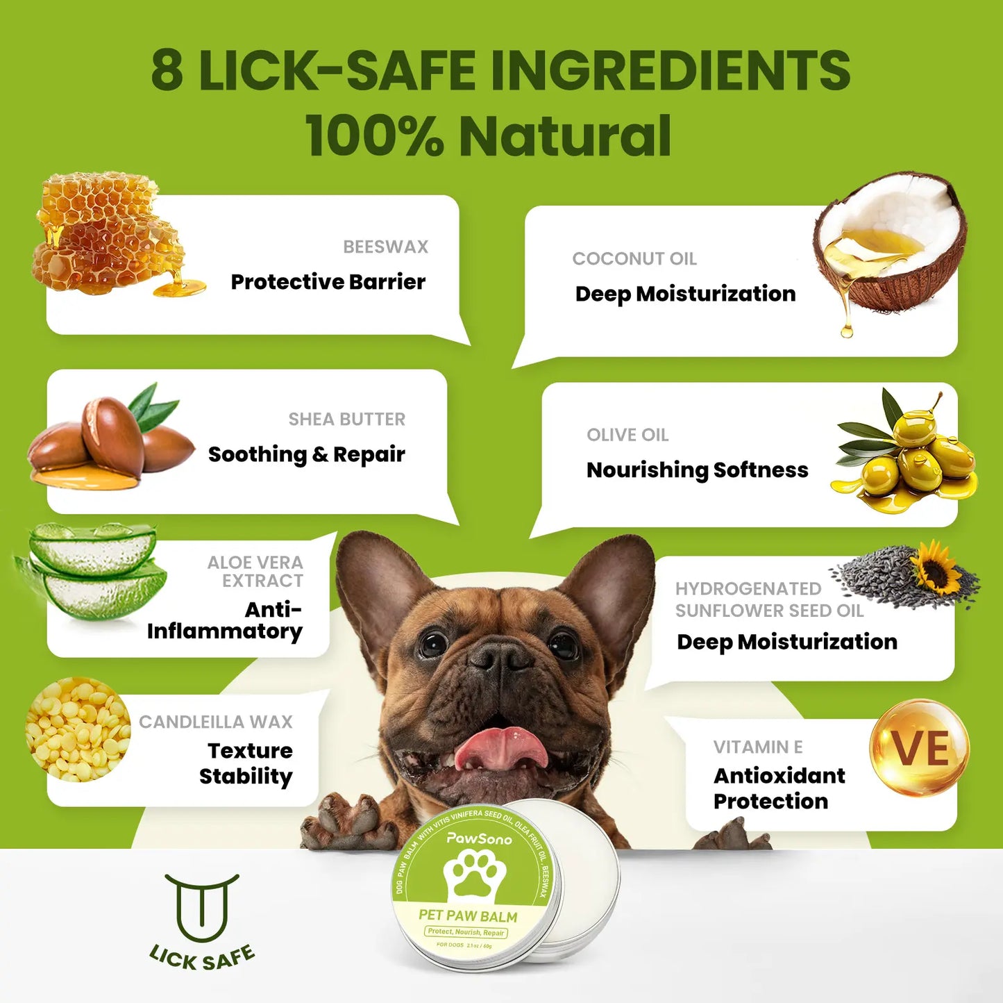 Pawsono pote-balsam til hunde og katte – naturlige ingredienser, sikker at slikke, plejende balsam til hundepoter.